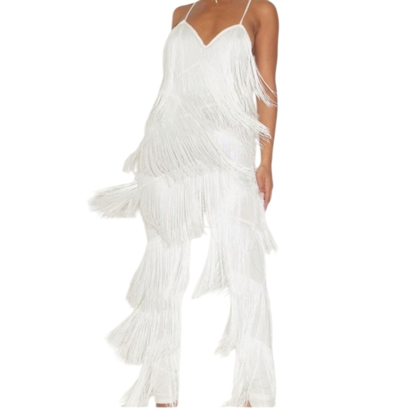 NWT Pretty Little Thing White Tassel Plunge Jumpsuit Layered Fringe US 4 (UK 8) - Picture 1 of 8